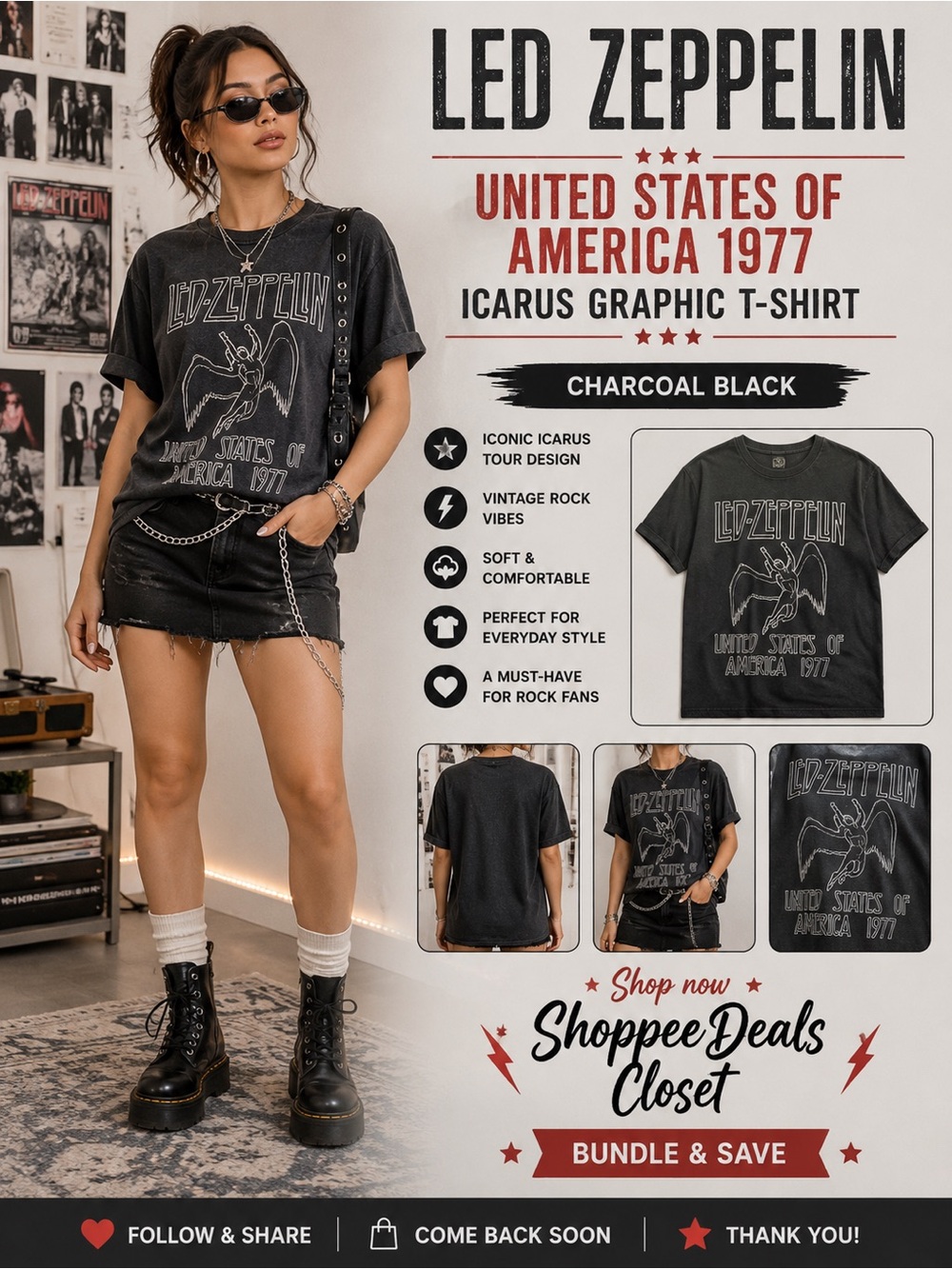 Led Zeppelin “United States of America 1977” Icarus Graphic T-Shirt